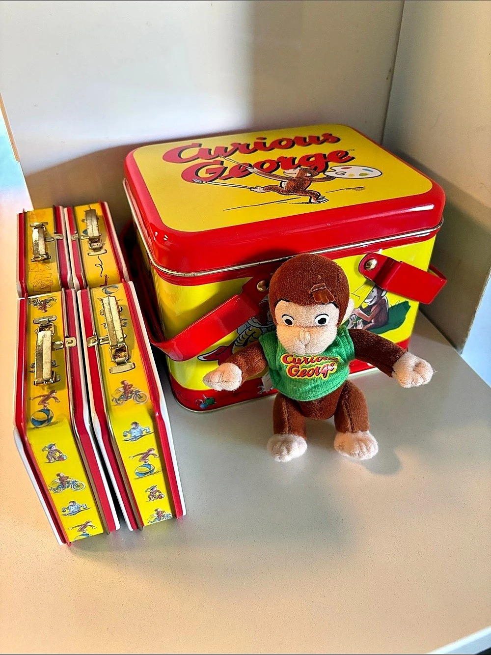 Vintage 90s Curious George Tin Set with Plush and 4 Mini Tins